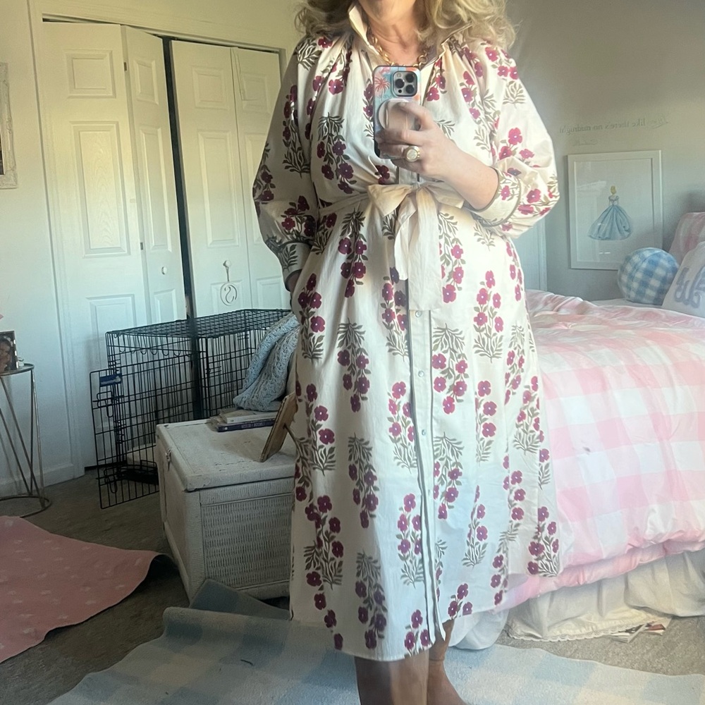 Umgee Cream with Pink and green  Floral Midi Dress - size L